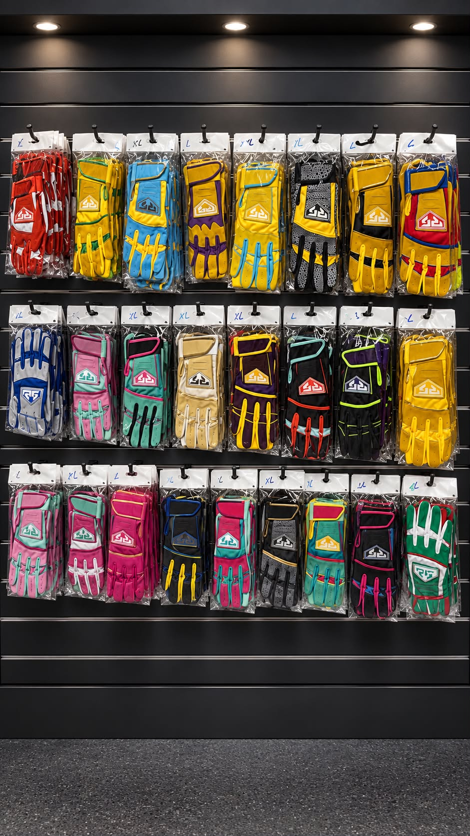 Guantillas de bateo personalizadas en variedad de colores exhibidas en la tienda